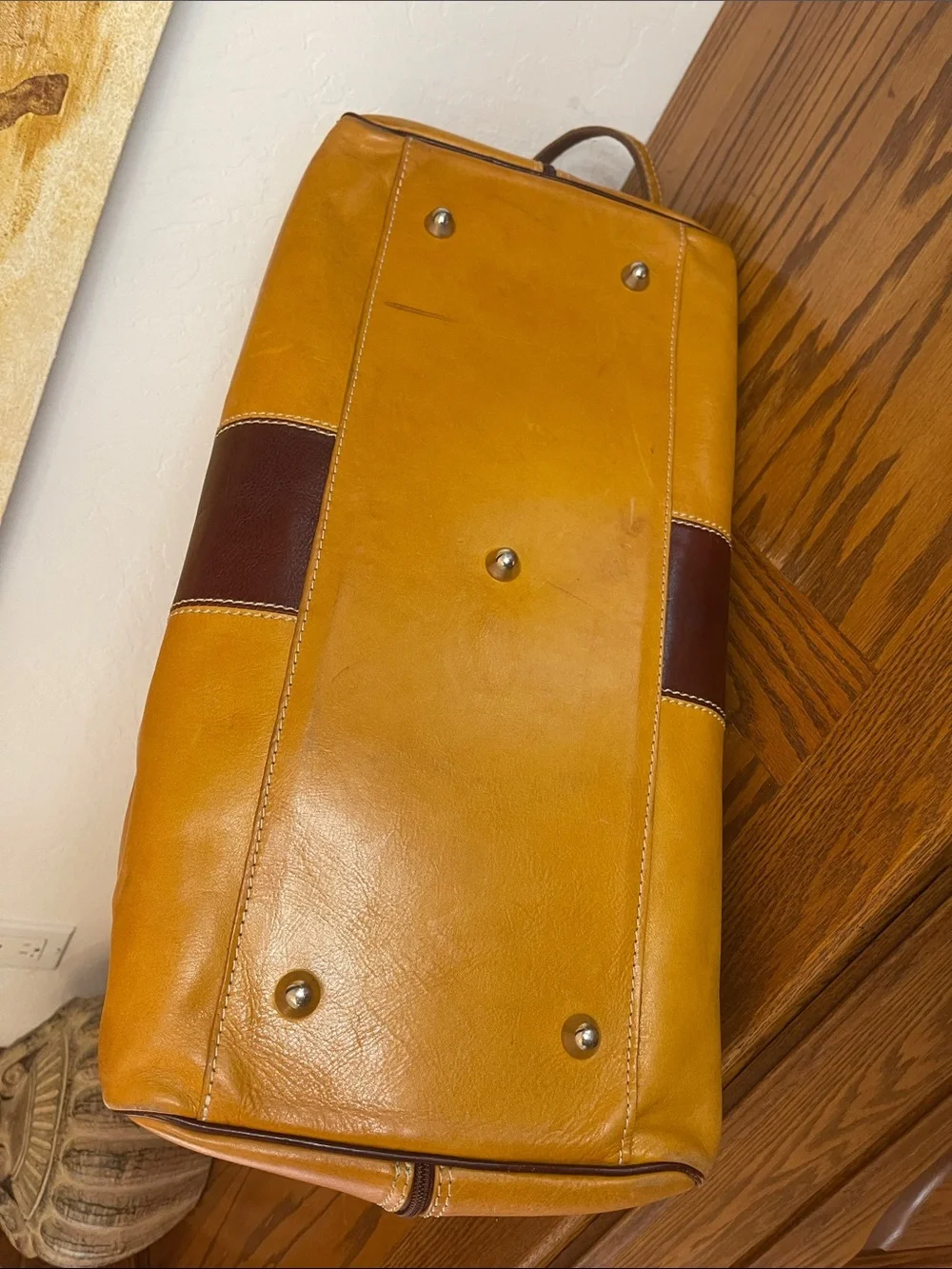 MARISA Leather Travel Duffel BOWLING STYLE Bag in Tan with Brown Accent